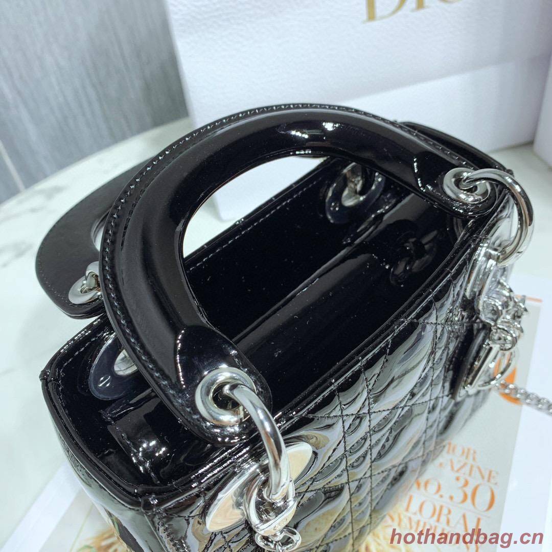 MINI LADY DIOR BAG Black Patent Cannage Calfskin M0566OW Silver Hardware MINI LADY DIOR BAG Black Patent Cannage Calfskin M0566OW Silver Hardware