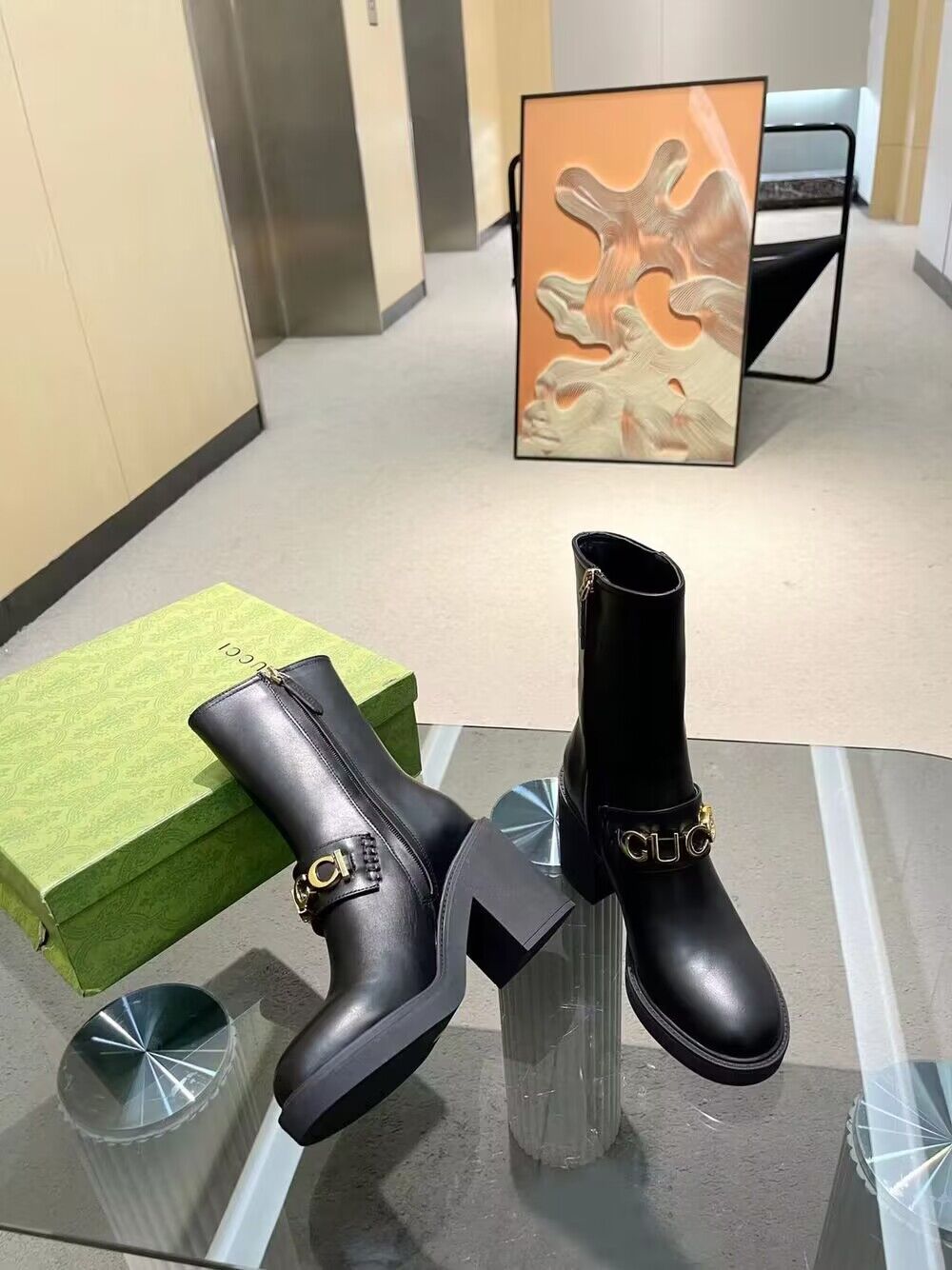 Gucci Cara Leather Logo Heeled Booties G36021 Black Gucci Cara Leather Logo Heeled Booties G36021 Black