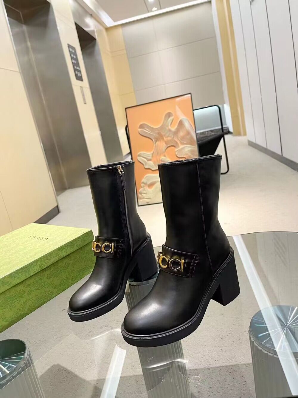 Gucci Cara Leather Logo Heeled Booties G36021 Black Gucci Cara Leather Logo Heeled Booties G36021 Black