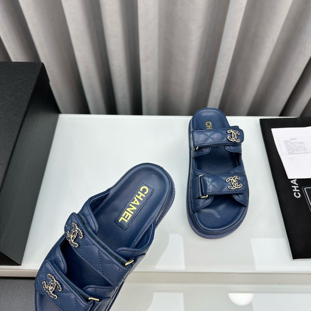 Chanel Original Leather Slipper Shoes HM30212 Dark Blue Chanel Original Leather Slipper Shoes HM30212 Dark Blue