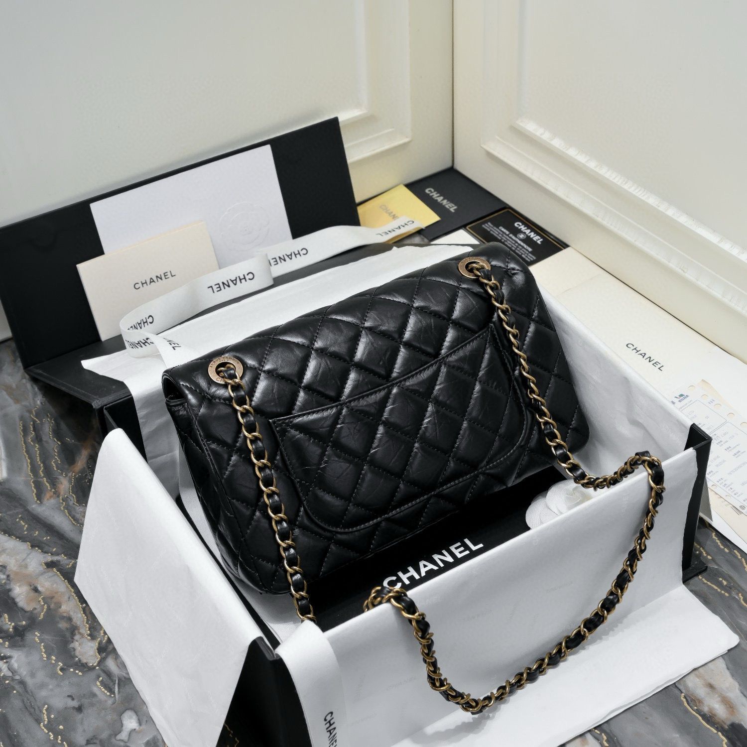 Chanel 2.55 Series Flap Bag Original Sheepskin Leather 92674 Black Bronze-Tone Chanel 2.55 Series Flap Bag Original Sheepskin Leather 92674 Black Bronze-Tone