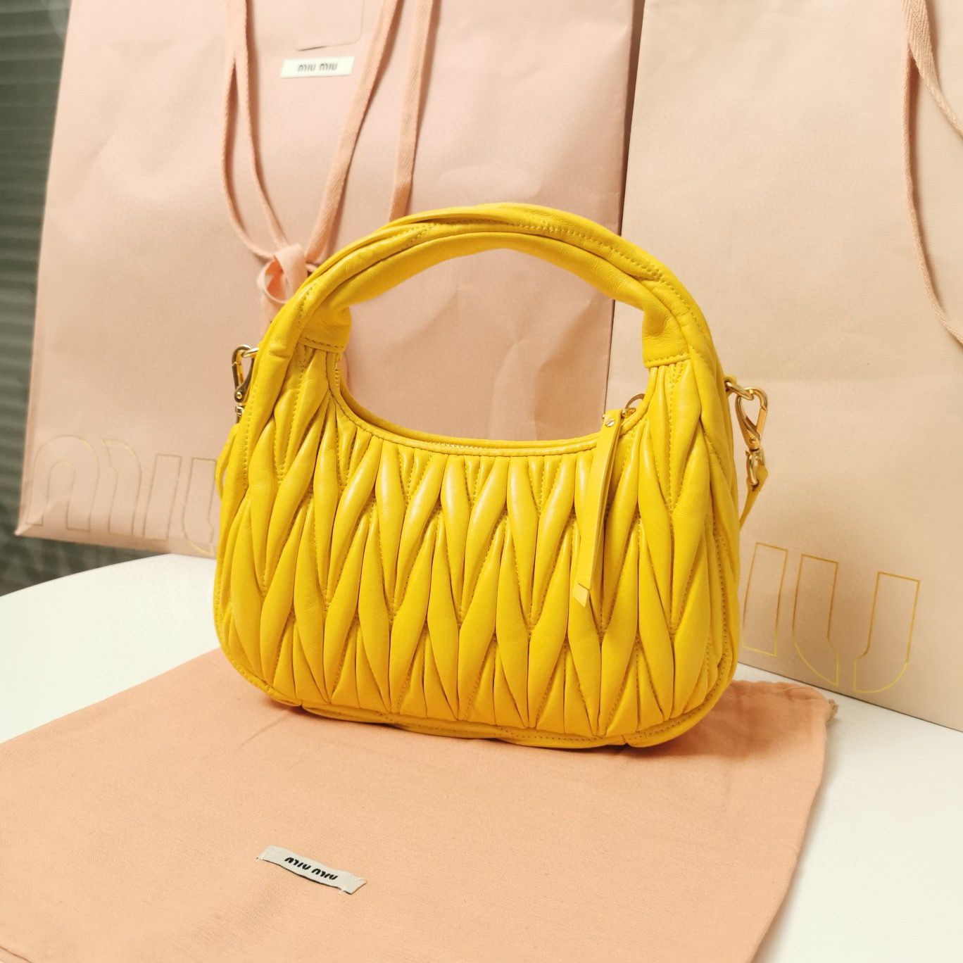 Miu Miu Wander Matelasse Original Sheepskin Bag 5BC125 Yellow Miu Miu Wander Matelasse Original Sheepskin Bag 5BC125 Yellow