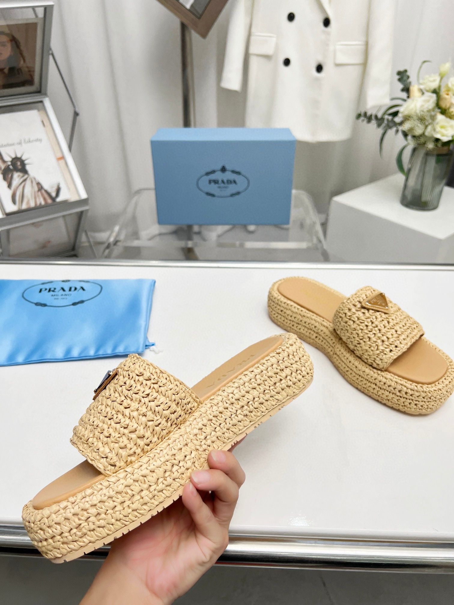 Prada Straw Slippers Shoes 5 CM Heels PDS30291 Beige Khaki Prada Straw Slippers Shoes 5 CM Heels PDS30291 Beige Khaki