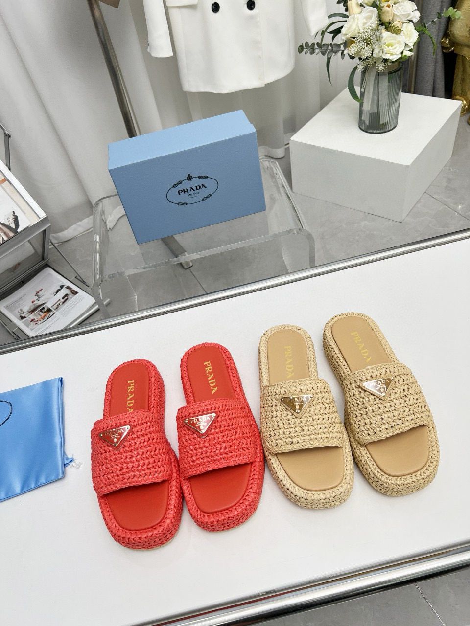 Prada Straw Slippers Shoes 5 CM Heels PDS30291 Beige Khaki Prada Straw Slippers Shoes 5 CM Heels PDS30291 Beige Khaki