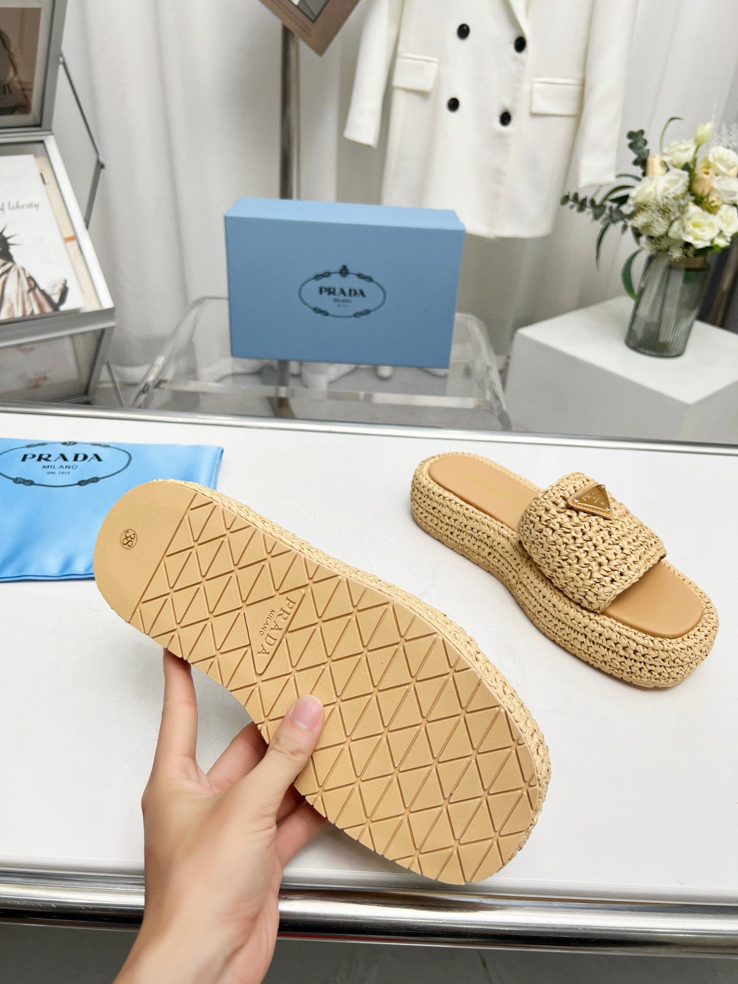 Prada Straw Slippers Shoes 5 CM Heels PDS30291 Beige Khaki Prada Straw Slippers Shoes 5 CM Heels PDS30291 Beige Khaki