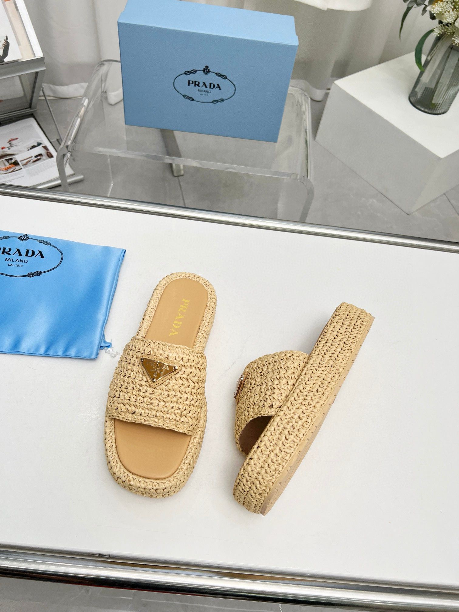 Prada Straw Slippers Shoes 5 CM Heels PDS30291 Beige Khaki Prada Straw Slippers Shoes 5 CM Heels PDS30291 Beige Khaki
