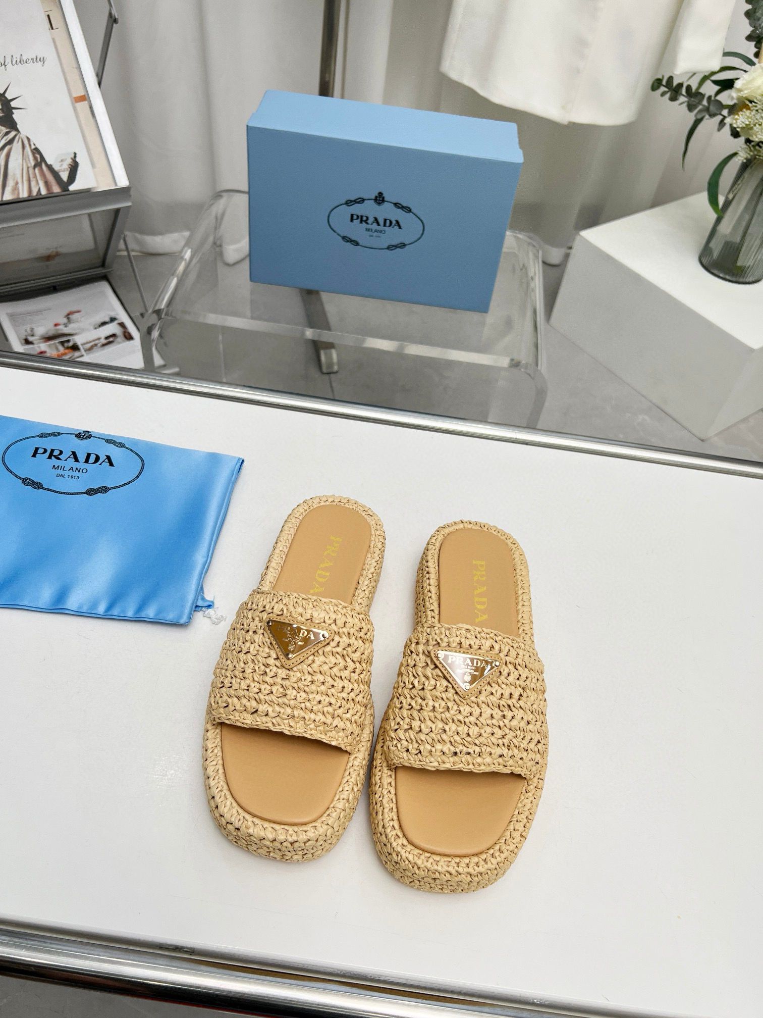Prada Straw Slippers Shoes 5 CM Heels PDS30291 Beige Khaki Prada Straw Slippers Shoes 5 CM Heels PDS30291 Beige Khaki