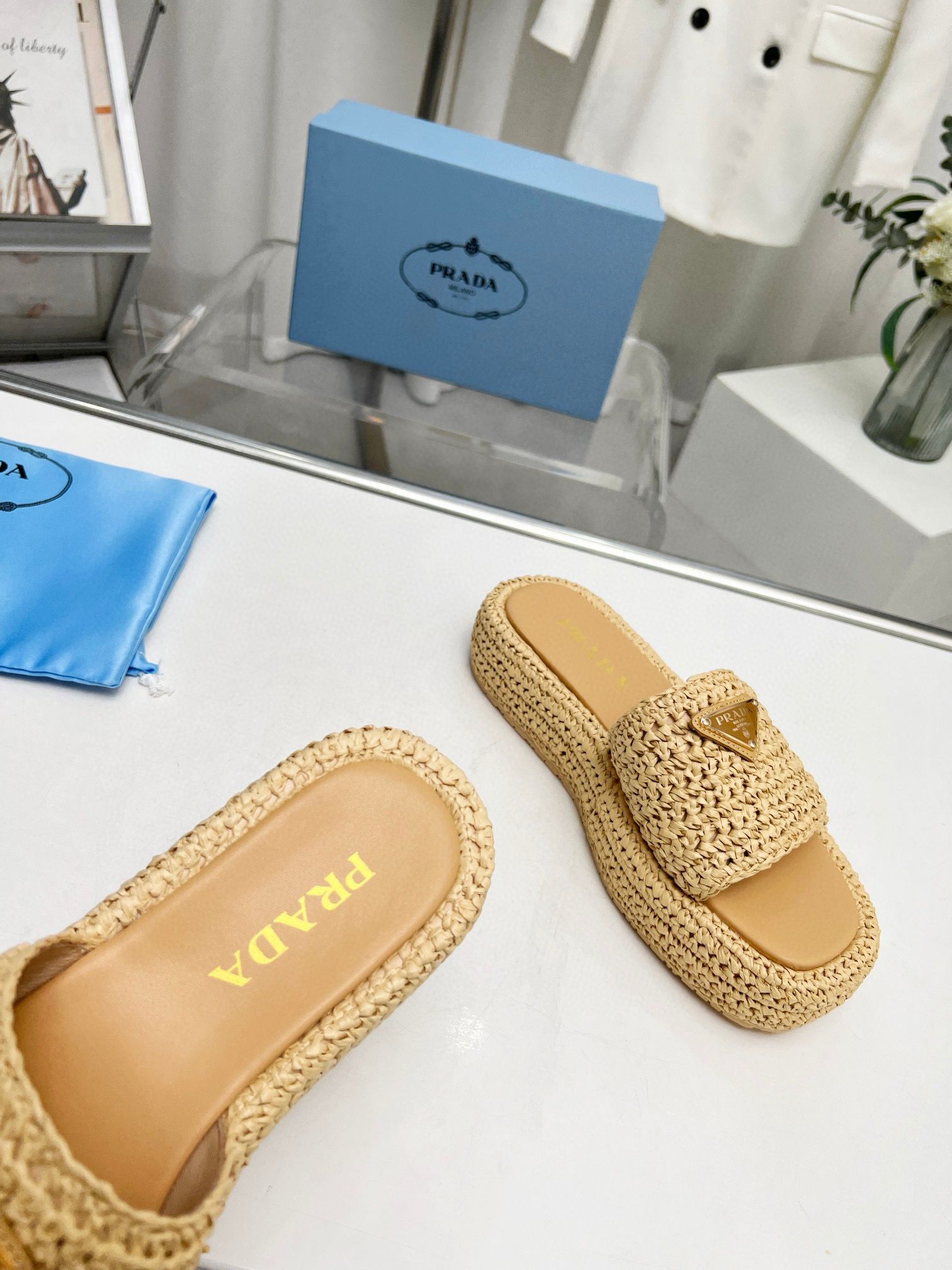 Prada Straw Slippers Shoes 5 CM Heels PDS30291 Beige Khaki Prada Straw Slippers Shoes 5 CM Heels PDS30291 Beige Khaki